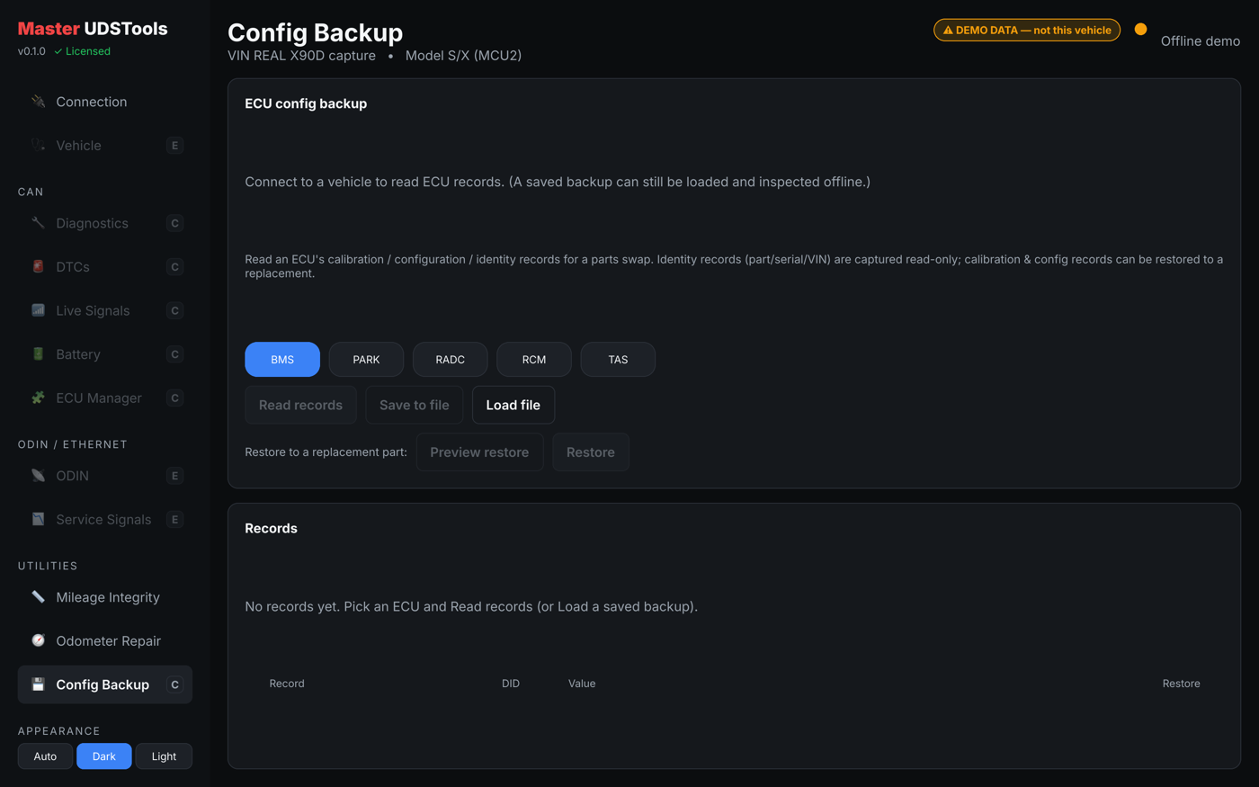 ECU config backup and restore screen for a module swap