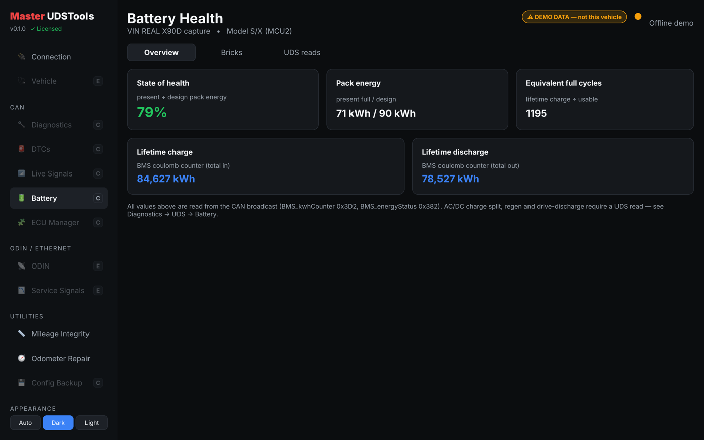 Battery health overview with state of health and lifetime counters