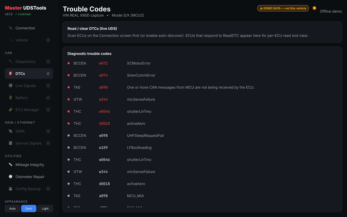 Diagnostic trouble codes listed per ECU with descriptions