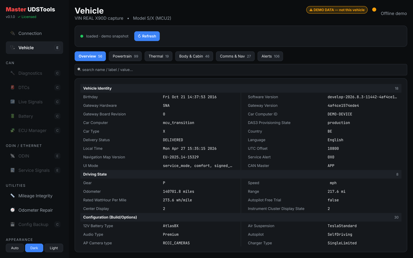 Vehicle vitals browser with identity, driving state and configuration